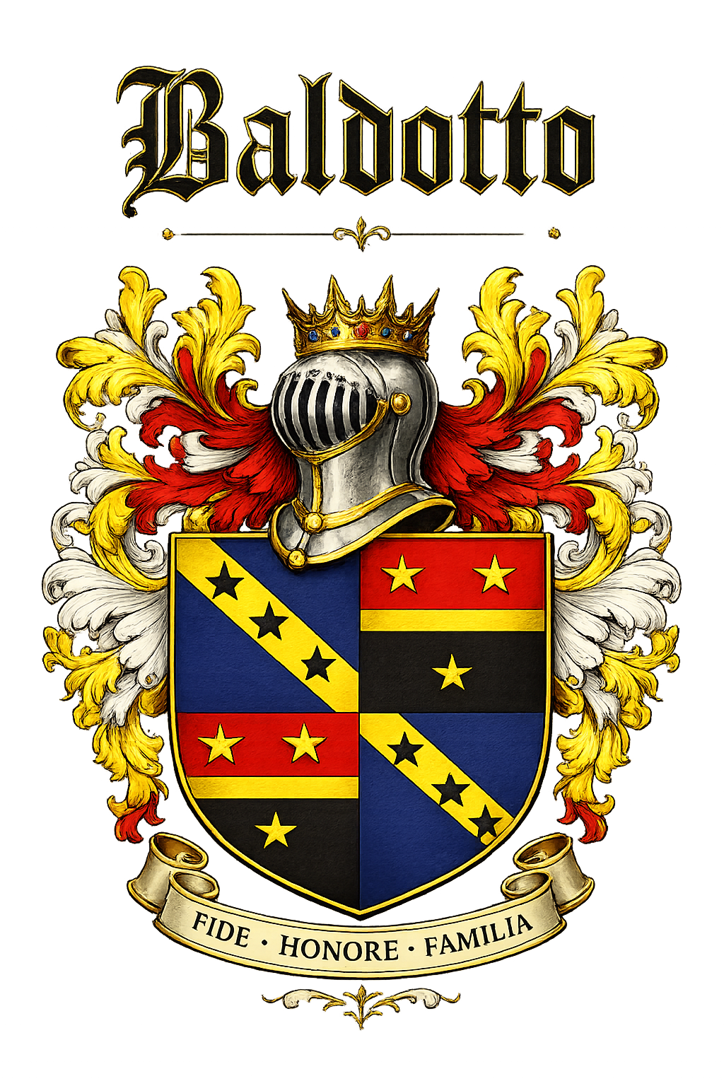 Brasão enviado por Maurício: nome Baldotto, elmo coroado, escudo com estrelas em azul, vermelho, preto e dourado, e lema FIDE · HONORE · FAMILIA.